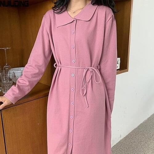 NIJIUDING Autumn Solid Long Sleeve Loose Lace Up Dresses Women Single-breasted Vintage Turn-down Collar High Waist Knitting Lady