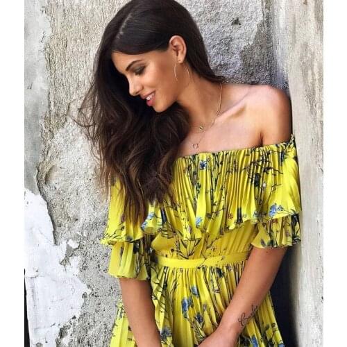 Bohemia Floral Tiered Plisse Midi Vacation Dress Yellow Off-The-Shoulder Pleated Skater Boho Tropical Layered Vacay Holiday Gown