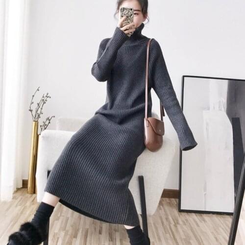 Casual Female Knitted Dress Robe Femme Pullover Turtleneck Sweater Women Long Autumn Winter Sweater Dresses for Women Warm Thick