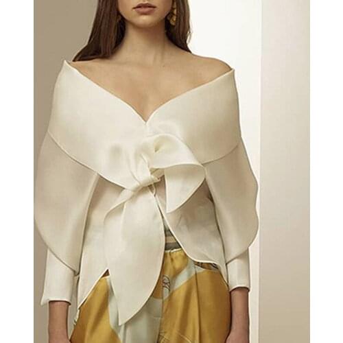 Sexy French Style 2020 Spring V-neck Fashion Blouse Top Bowknot Puffy Sleeve Women Top