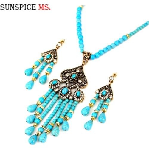 Sunspicems Vintage Natural Stone Bead Necklace Drop Earring Set for Women Banquet Dress Antique Gold Color Handmade Jewelry Gift