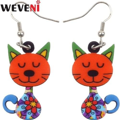 WEVENI Animal Acrylic Stud Dangle Drop Shy CAT Pets Cute Long Earrings Gift News Trendy Jewelry For Girls Women Teens Anime Gift