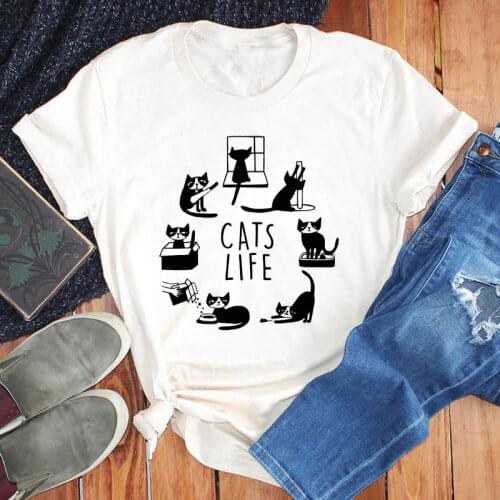 Cats Life 100% Cotton T-shirt Funny Crazy Cat Lady Gift Tshirt Cute Women Graphic Kitten Top Tee Shirt Dropshipping