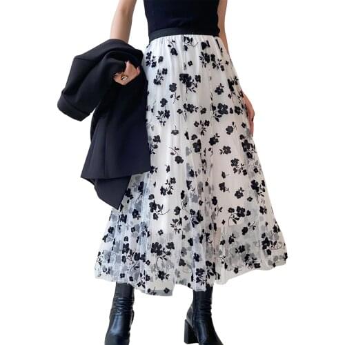 2021 New Elegant Women Tutu Tulle Skirts Elastic High Waist Layered Skirt Fashion Casual Floral Print Mesh A-Line Midi Skirt