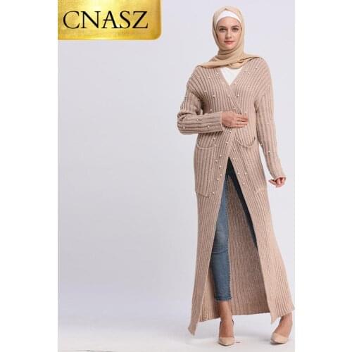 2019 Fashion Muslim Womens Amazon Dubai Explosion Long-Sleeved Pearl Knit Sweater Jacket Islamic Turkey Autumn Winter Clothes