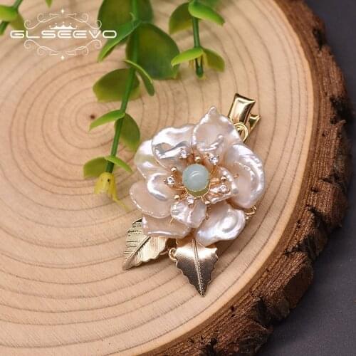 GLSEEVO Natural Freshwater Baroque Pearl Hairpin For Women Party Big Green Jade Flower Shape Handnade Fine Jewelry GH0017