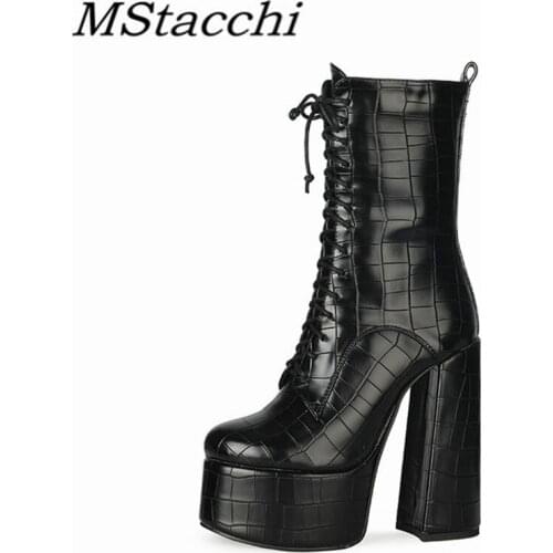 MStacchi Thick Bottom Woman Boots Lace-Up Crocodile Print Crude Heel Square Toe Black Shoes High Heel Platform Short Botas Mujer