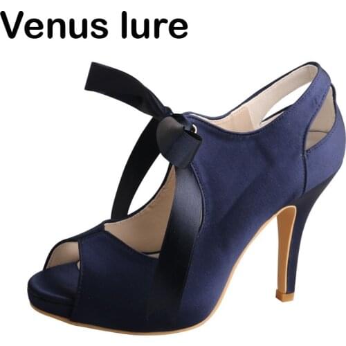 Ladies Navy Platform Court Shoes for Wedding High Heel Ribbon Lace Shoes