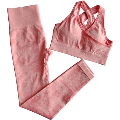 2Pcs Yoga Set Seamless Camouflage Women Fitness Clothing Sports Wear Gym Leggings Padded Push Up Strappy Sports Bra Sports Suits