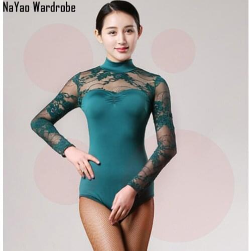 2021 New GB071 Women Latin Dance Bodysuit Lace Sleeve High Neck Patchwork Latin Dancing Tops Performamnce Modern Dance Dress