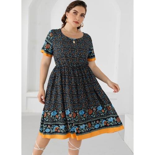 2021 Fashion Summer Casual Dress Women Short Sleeve Floral Print High Waist Midi Dress Hole Back Plus Size Women Clothing