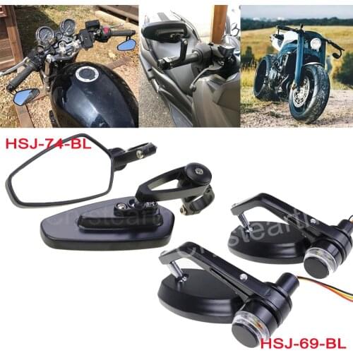 2PCS 7/8" 22mm Universal Motorcycle Aluminum Rear View Black Handle Bar End Side Rearview Mirrors Turn Signals For Honda Yamaha