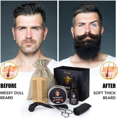 7pcs set Barbe Beard Growth Kit Essence Oil Enhancer Nourishing Balm Hair Conditioner set with Comb Roller Facial Care for Men