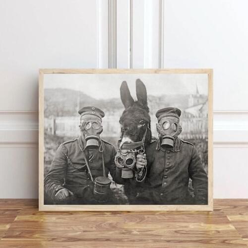 World War I Black White Photo Poster Prints A Donkey and Two German Soldiers Antique Photography Wall Art Canvas Painting Decor