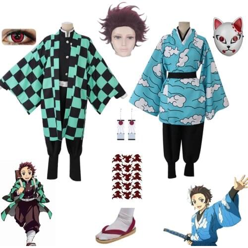 Demon Slayer Kamado Tanjirou Cosplay Costume Include Wig Mask Tattoo Earring Shoe Kimetsu no Yaiba Halloween Funny Costume