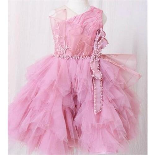 Beautiful Little Girls Dresses One Shoulder Tiered Skirt Knee Length Pearls Ribbon Kids Clothes formal wear size 2-16Years