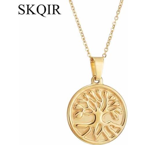 Life Of Tree Pendant Necklace for Women Men Vintage Round Gold Color Colors Stainless Steel Chain Plant Jewelry Gift Bijoux
