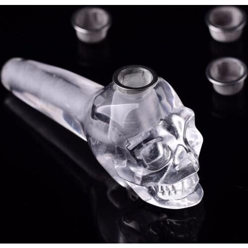 Natural Clear Crystal Quartz Skull Rock Wand Smoking Pipes +3Metal Filters