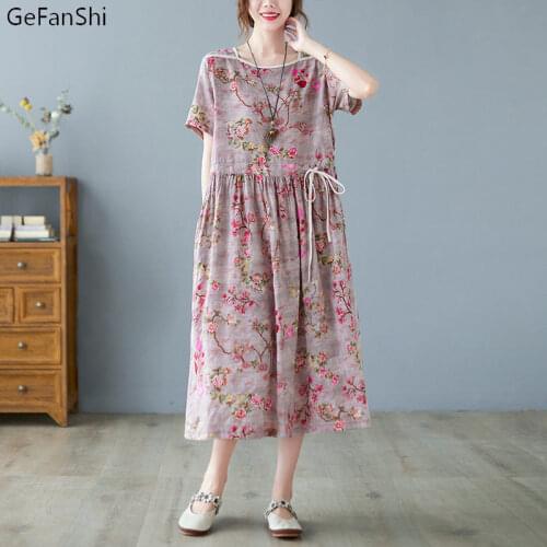 2021 Cotton Linen Dress Summer Women Dress Loose Casual Short Sleeve O-Neck Floral Fashion Elegant Ladies Dresses Vestido Robe