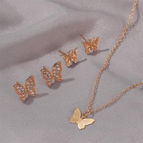 Simple Alloy Rhinestone Simple Butterfly Necklace Stud Earrings Jewelry Sets for Women