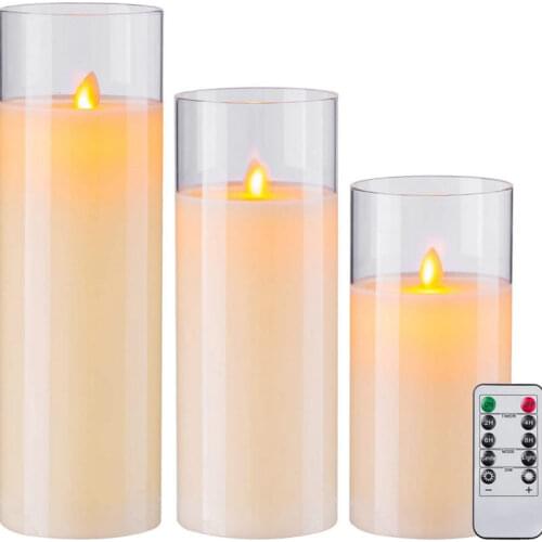 Remote controlled w/Timer Flickering Flame Pillar Candle Paraffin Wax Electric LED Glass Candle Set Home party table Deor-Amber
