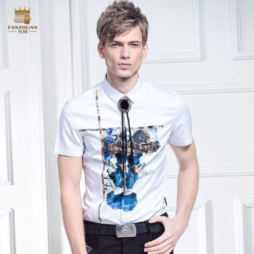 Free shipping New male fashion summer mens Large size Shirt Short Sleeved stretch slim Europe design printing 612043 On Sale