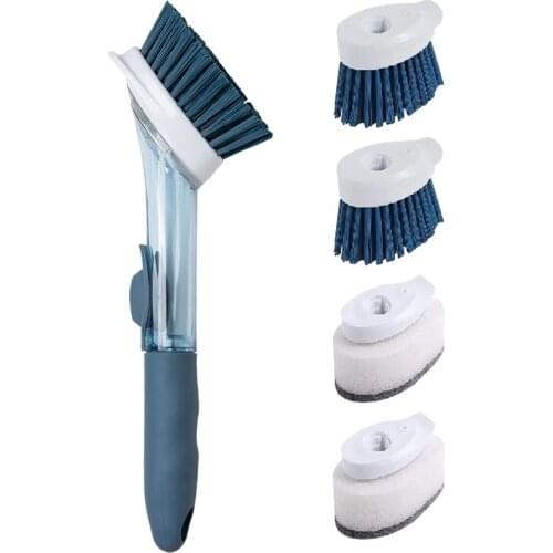 Soap Dispensing Dish Brush With Stainless Steel Control Kitchen Scrub Brush With 4 Replacement Heads Kitchen Cleaning Brush