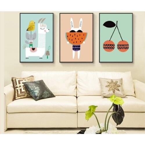 Nordic Modern Cartoon Animal Fruit Oil Painting Childrens Room Bedroom Frameless Decorative Canvas Painting Hanging Wall Art