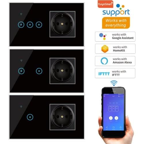 Wifi Touch Switch with EU Standard Socket Remote Control Work with Google home Amazon Alexa 1 2 3 Gang Smart Wifi Switch
