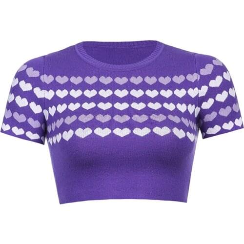 Female Knitted T-Shirt, Heart Print Round Neck Short Sleeve Crop Tops Close-Fitting Blouse for Summer, S/M/L