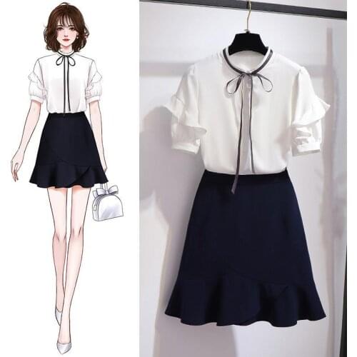 2021 Summer Suits Women Short Sleeve Round Collar Shirts Tops + Mermaid Mini Skirts Suit Women Korean Fashion Two Piece Set Q40