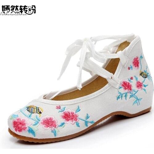 Ankle Strap Women Canvas Flat Ladies Cotton Bird Floral Embroidered Dance Ballets Comfort Shoes Woman Soft Ballerinas