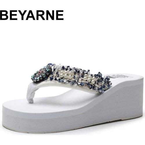 BEYARNEPlus Size 35-42Pearl Platform Sandals Women Crystal Flip Flops Summer Beach Sandalia feminina slipper femme zapatos mujer