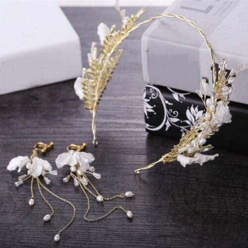 Womens Wedding Bridal Crystal Beads Pearl Headbands Flower Hairband For Women Girls Party Hair Accessories Earrings Jewelry