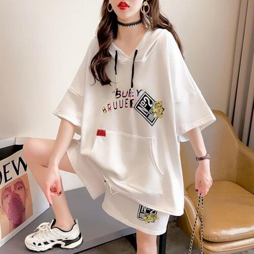 Womens Hoodies Sports Suits Loose Casual Hooded Short Sleeve T Shirt Sports Pants Two Piece Suits Summer Fashion All-match Suit