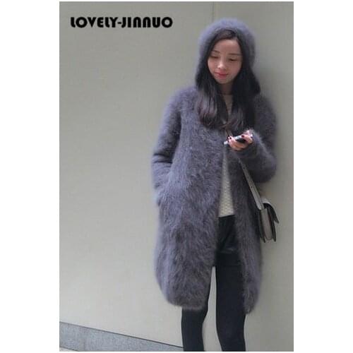 Womens long plush mink cashmere sweater coat female with hooded cardigan free shipping