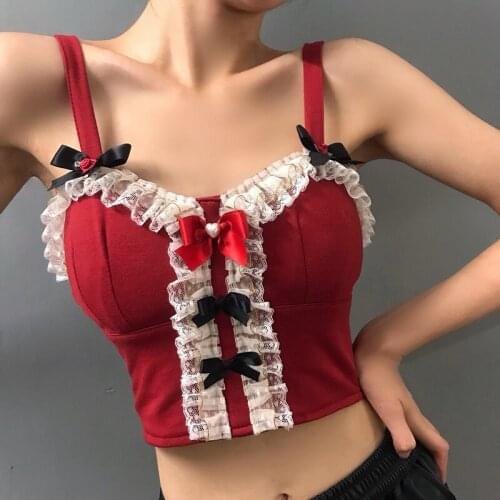 French Retro Style Wine Red Sexy Camisole Women Lace Stitching Bowknot Slim Short Tops with Chest Pads Fashion Tank Top y979