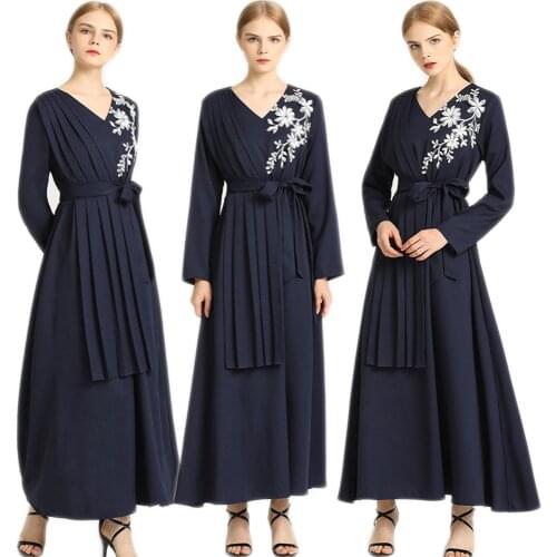 Vintage Elegant Muslim Women Long Dress Spring Summer V-neck Casual Slim Long Sleeve Arab Abaya Islamic Clothing Maxi Robe Gown