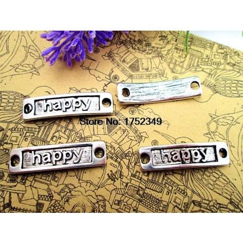 12pcs--Happy charms, Antique silver Rectangle happy Charm pendants, Happy Tag Connector 9x34mm