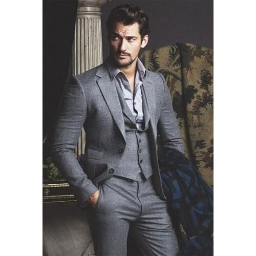 2019 Formal Business Wear Custom Made Grey Men Suit Groom Tuxedos Blazer Mens Prom Mens Blazer 3pieces(Jacket+Pant+Vest+Tie)