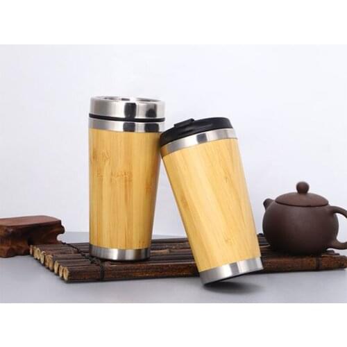 450ml Reusable Bamboo Travel Mug Thermos Insulated Stainless Steel Water Tumbler Eco-Friendly Mugs With Lids For Coffee or Tea