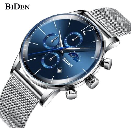 BIDEN Watch Men Stainless Steel Mesh Band Analogue Quartz Chronograph Wristwatch For Male Date Clocks Gifts Relogio Masculino
