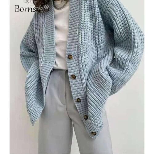 Bornsra 2021 Woman Distressed Blue Single-breasted Mid-length Long Stitch Long-sleeved V-neck Drape Knitted Sweater Cardigan