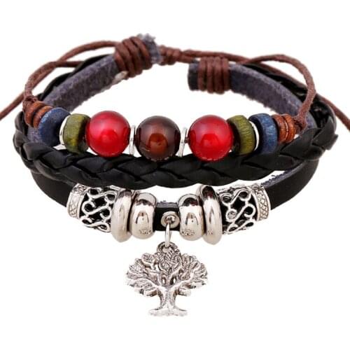 Tree Pendant Multilayer Leather BeadS Bracelet Bangles for man woman Vintage Hand Jewelry Drop shipping