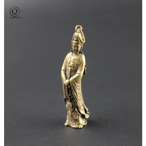 Pure Brass Guanyin Buddha Statue Vintage Key Chains Pendants Copper Bodhisattva Lucky Keychains Hanging Jewelry Keyrings Charms