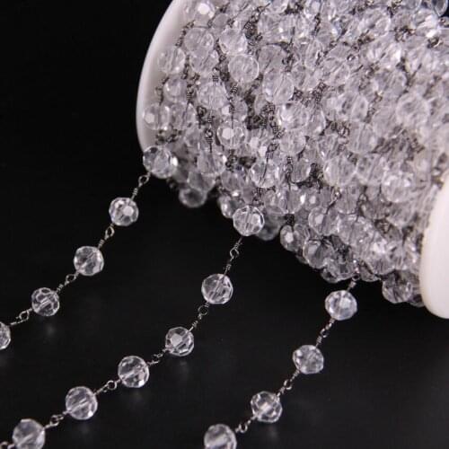 8mm Clear Crystal Glass Faceted Round bead Link Chain,Gun Black Tone Wire Wrapped Rosary Chain Charms Metal Black Bracelets