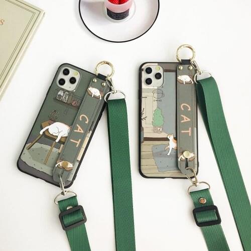 Case For iPhone 12 Mini 11 Pro Xs Max illustration Cat Crossbody TPU Wrist Strap Cover For iPhone SE2 6 6s 7 8 Plus Xr X Lanyard