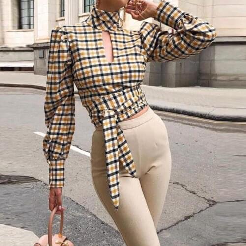Neatie kiddie Sexy Long Lantern Sleeve Office Lady Blusas Top Backless Stand Collar Color Blouse Plaid Shirt Women Clothes