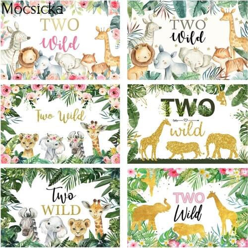 Two Wild Newborn Animals Birthday Backdrop Safari Party Woodland Baby 2nd Birthday Background Decor Green Forest Photo Shoot