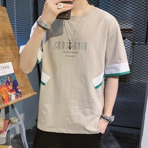Korean Style Men Summer Casual T-shirt Handsome Loose Short Sleeve O-neck Men T-shirt Patchwork Pure Cotton Large Size T-shirt